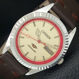 Vintage 1984 Citizen Automatic Mens Silver Watch W/daydate & Red accents